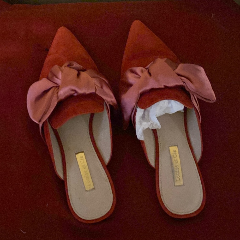 Red suede, pink silk bow, flat mule slip on gently worn excellent condition